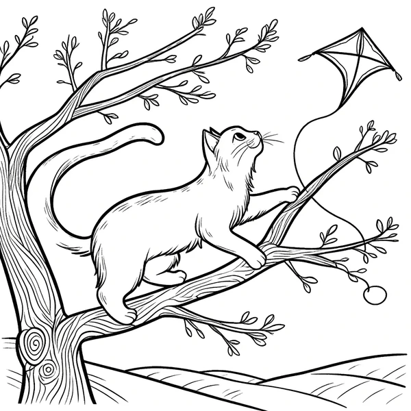 Cat Climbing Tree With Kite colouring page (Hard)