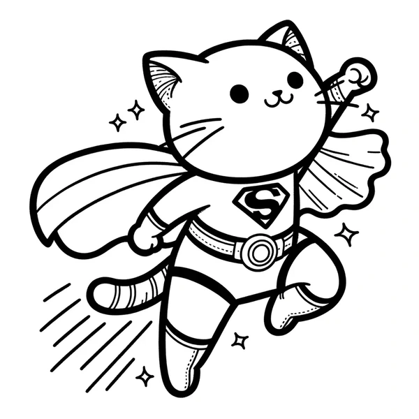 Superhero Cat In Flight colouring page (Easy)