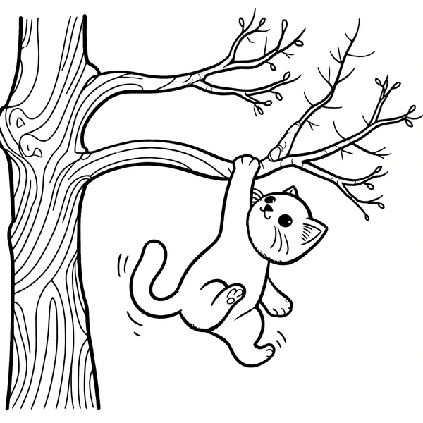 Cat Hanging From Tree colouring page (Easy)