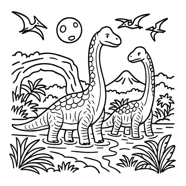 Brachiosaurus By Lake With Pterosaur colouring page (Hard)