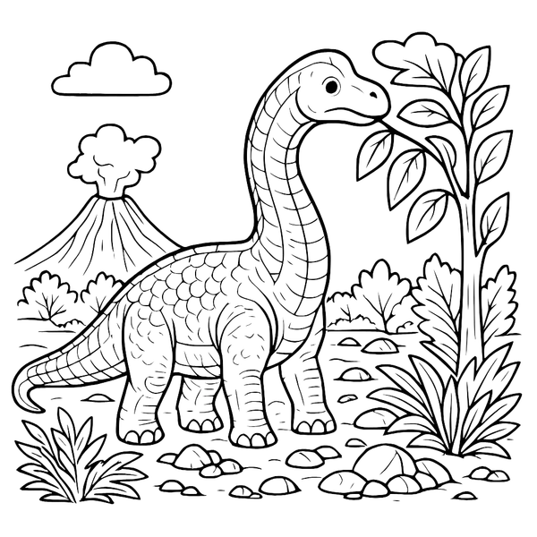 Brachiosaurus Eating Leaves Volcano colouring page (Hard)