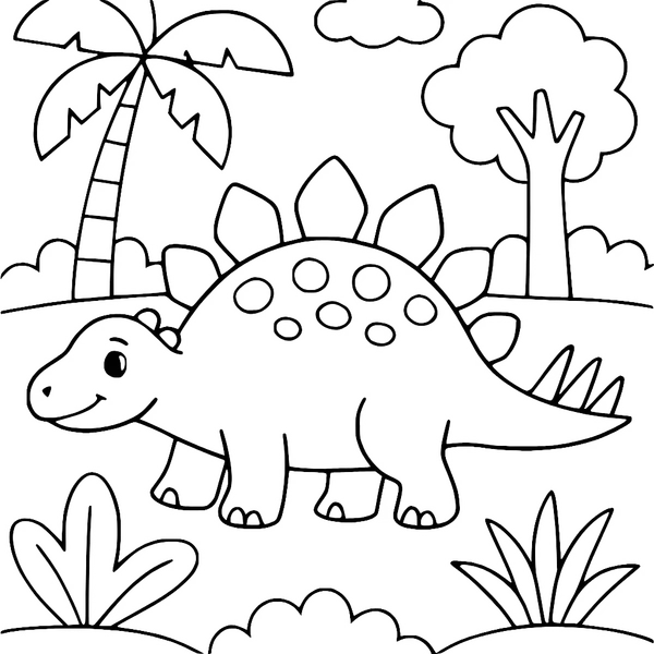 Stegosaurus Under Palm Trees colouring page (Easy)
