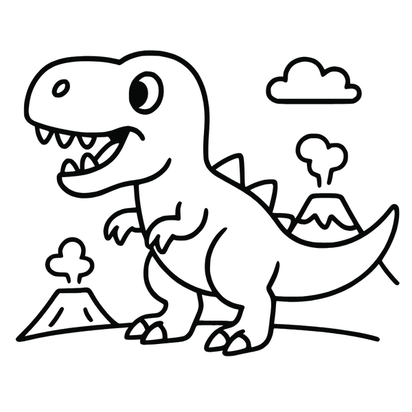 T Rex With Volcanoes And Clouds colouring page (Easy)