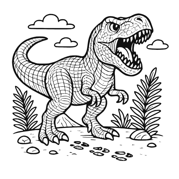 T Rex Roaring With Clouds colouring page (Hard)