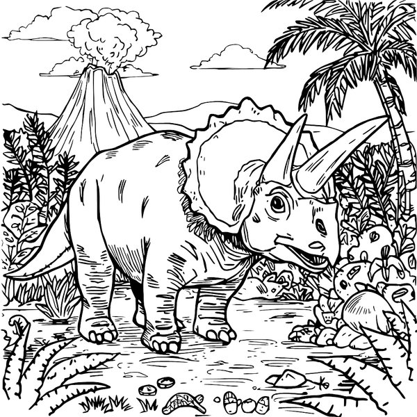 Triceratops By Volcanic Swamp colouring page (Hard)