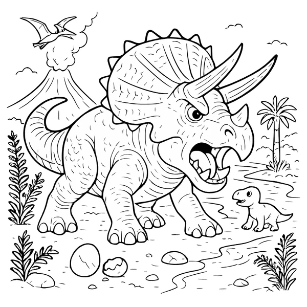 Triceratops Roaring With Baby And Volcano colouring page (Hard)