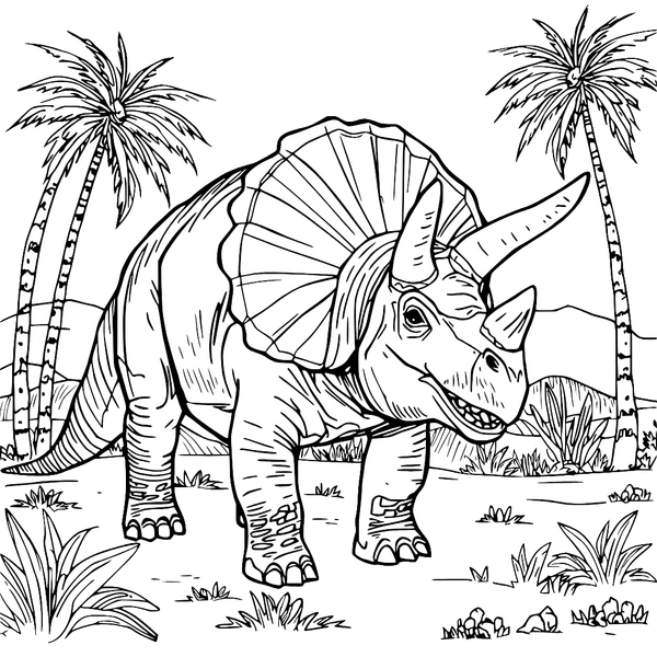 Triceratops Smiling Between Palms colouring page (Hard)