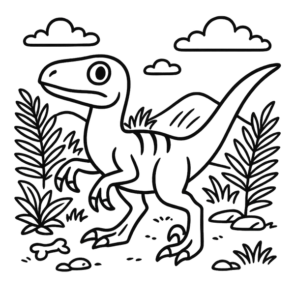 Velociraptor With Ferns And Clouds colouring page (Easy)