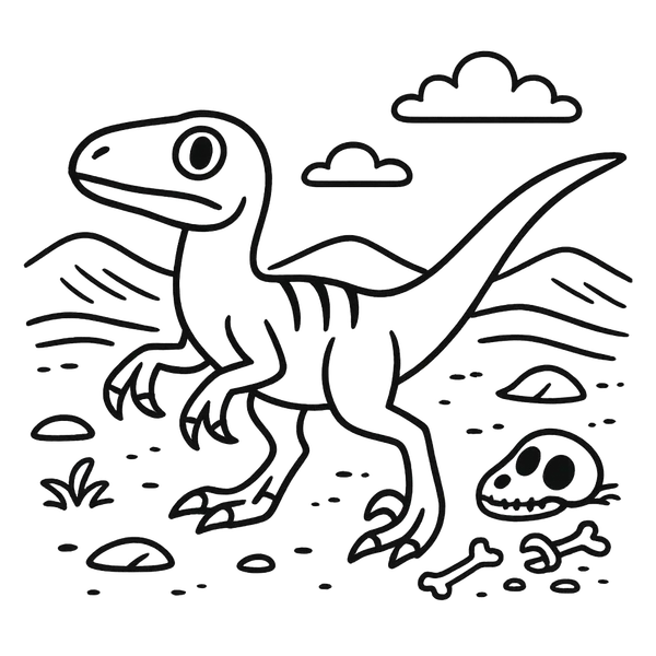 Velociraptor With Skull And Mountains colouring page (Easy)