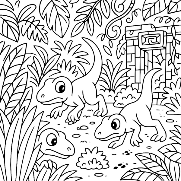 Baby Velociraptors By Jungle Ruins colouring page (Hard)