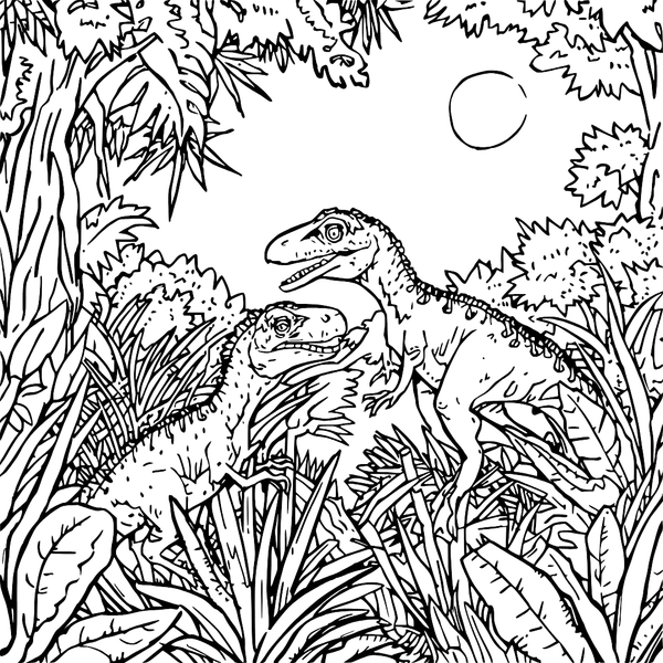 Velociraptors At Night With Moon colouring page (Hard)