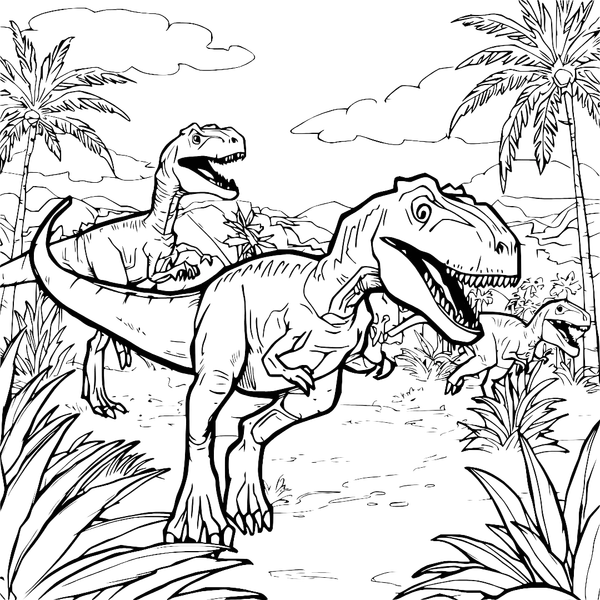 Velociraptors In Tropical Valley colouring page (Hard)